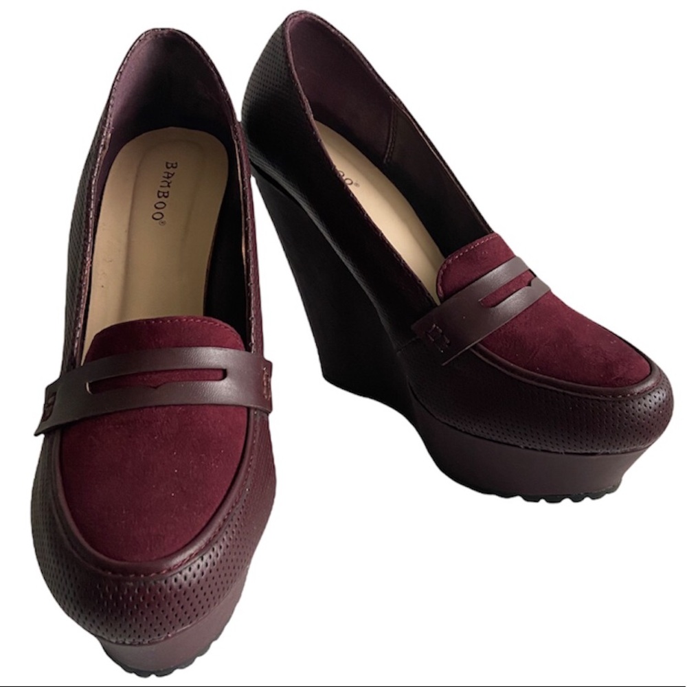 Bamboo Burgundy Perforated Platform Faux Suede and Vegan Leather Loafer Wedge